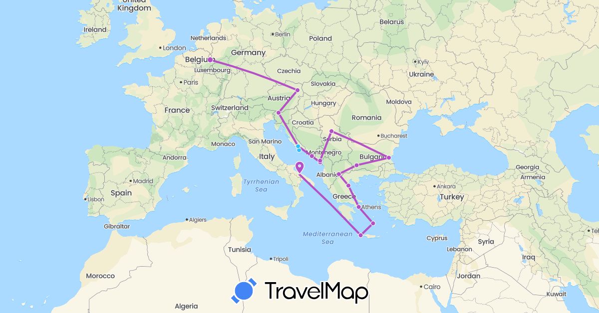 TravelMap itinerary: driving, train, boat in Austria, Belgium, Bulgaria, Greece, Croatia, Italy, Montenegro, Macedonia, Serbia, Slovenia (Europe)
